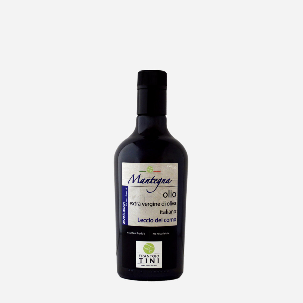 Bottiglia da 500ml di Olio Extravergine di Oliva Mantegna Monocultivar Leccio del Corno estratto a freddo - Frantoio Tini.