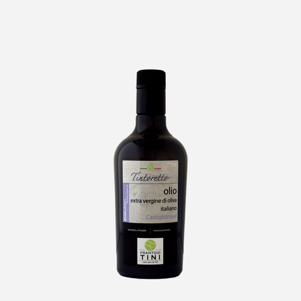 Bottiglia da 500ml di Olio Extravergine di Oliva Tintoretto Monocultivar Castiglionese estratto a freddo - Frantoio Tini.
